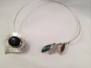 Sterling and fine silver with obsidian, labradorite, Russian filigree and American chestnut